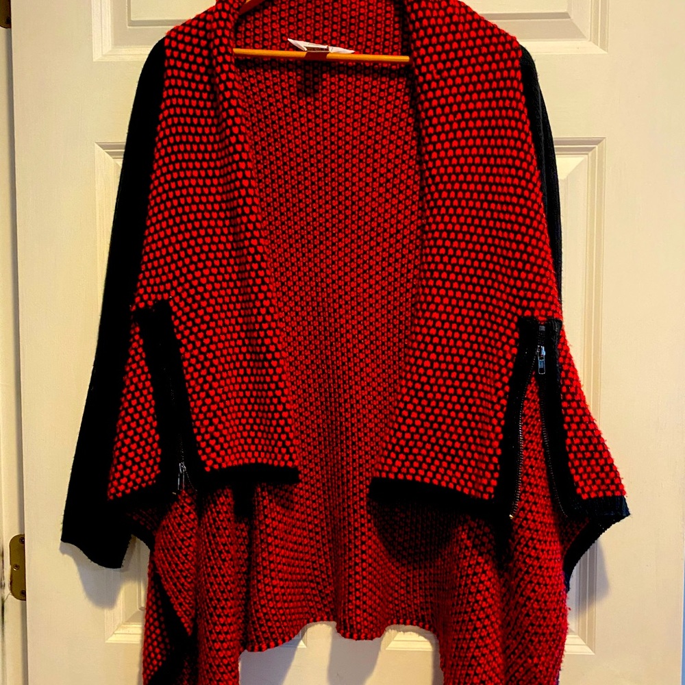 Keren Hart Open Cardigan Sweater Wrap-Red and Black Sz Small- Zipper Detail